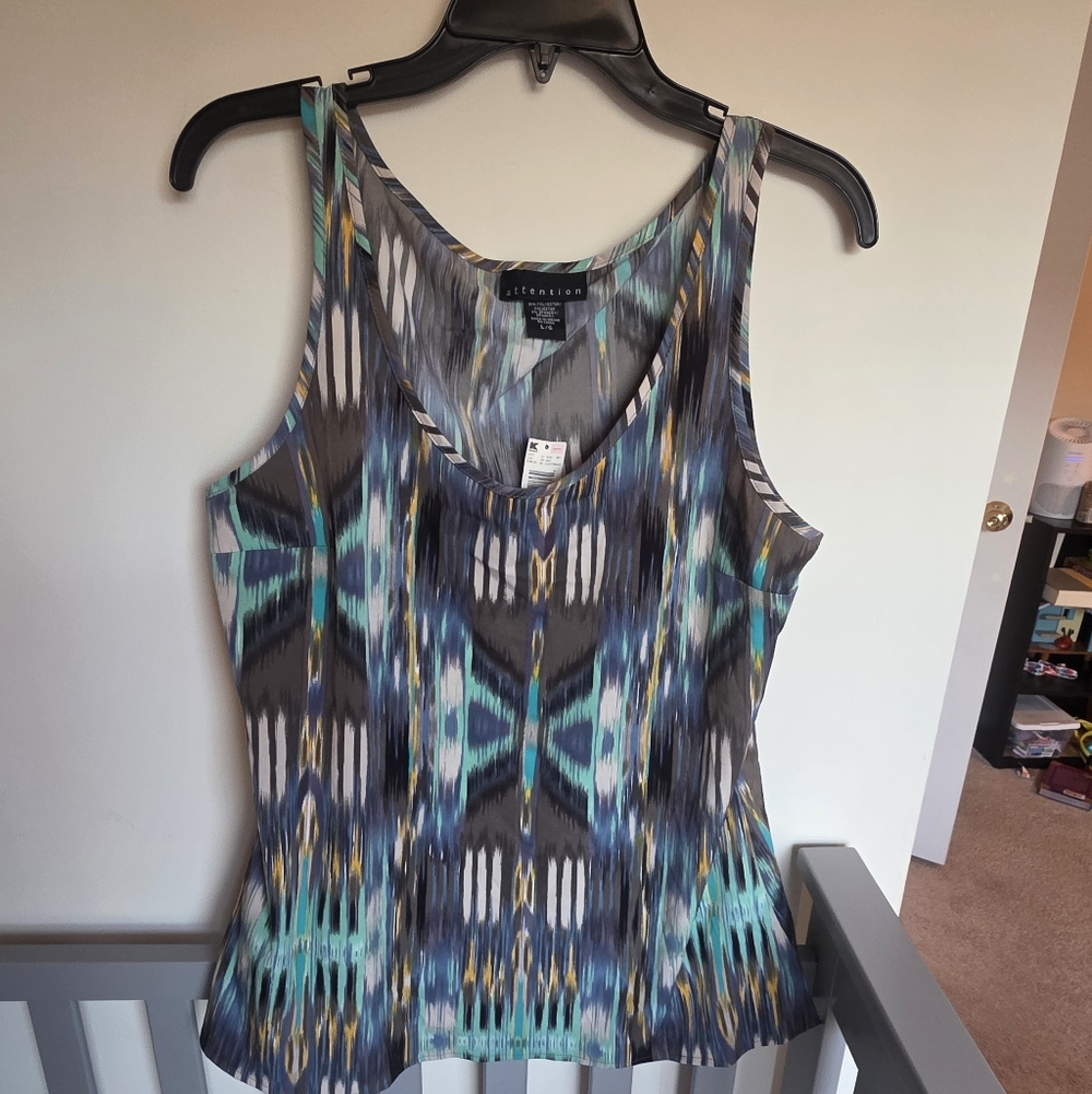 Attention Blue and Green Geometric Patterned Silky Feel Tank Top Size Large NWT